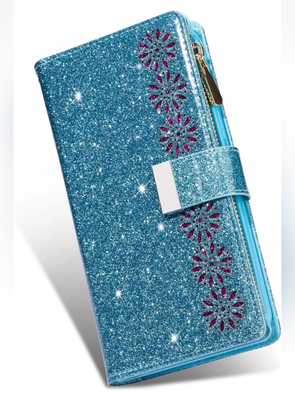 Silver Bling Glitter Flip Wallet Case with Wrist Strap f